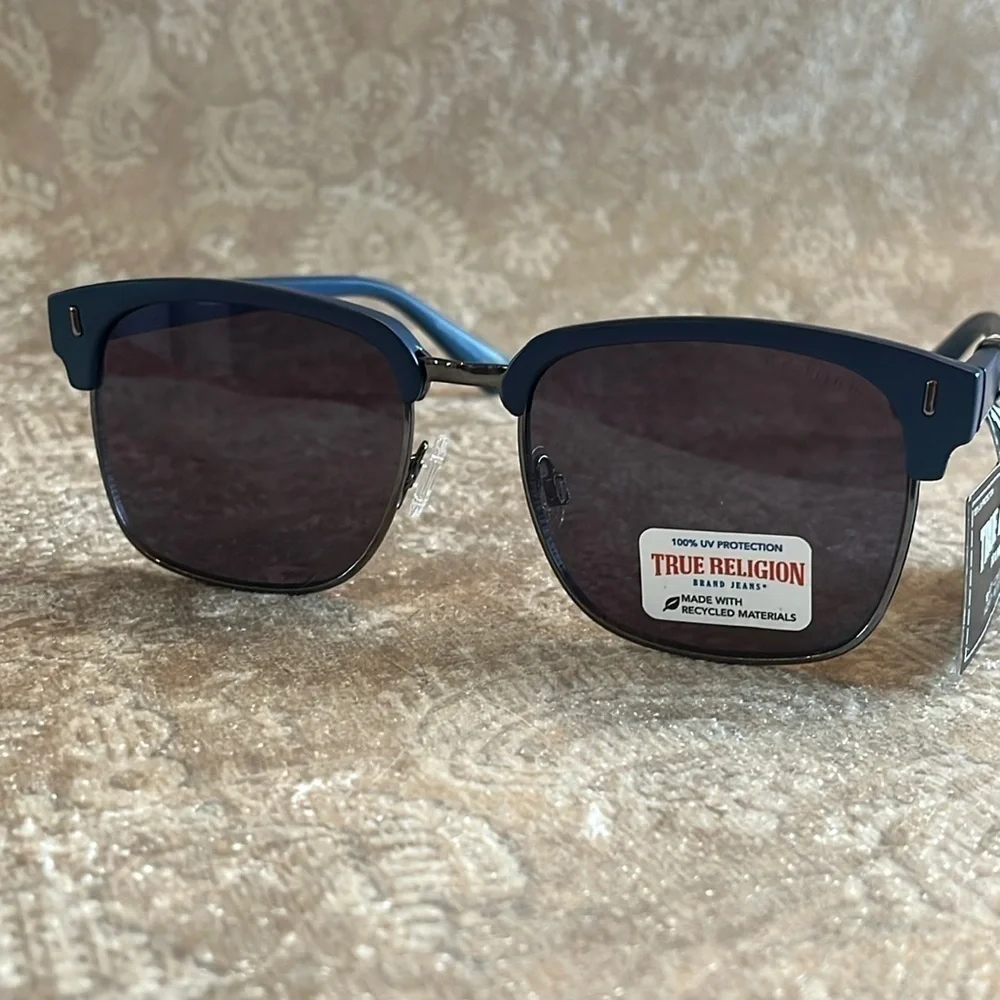 Brand New True Religion Clubmaster Classic Square Metal Sunglasses Blue Accent